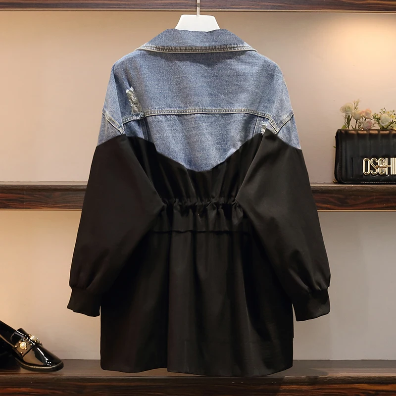 4XL Осенняя Новая модная длинная джинсовая куртка ветровка с дырками|Женские