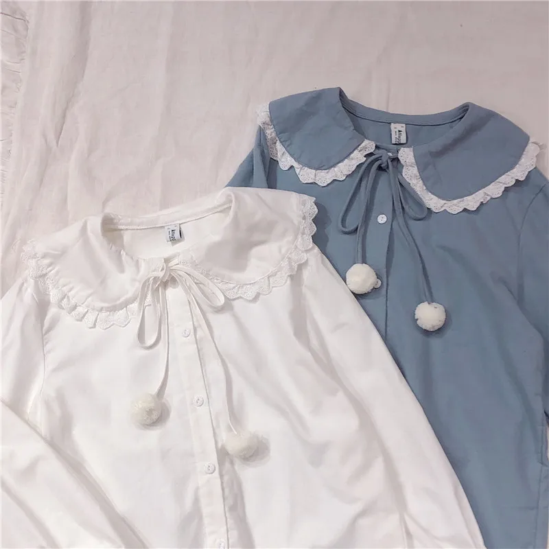

Kawaii модная фланелевая рубашка Женская Лолита школьная белая блузка для девочек кружевной воротник Питер Пэн винтажная Милая элегантная ру...