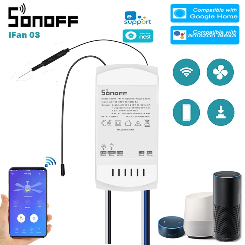 

SONOFF iFan03 WiFi Ceiling Fan And Light Controller support RM433 Remote control by App ewelink For Smart Home