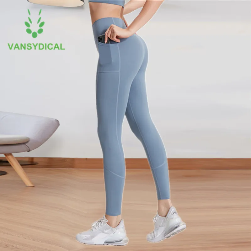 

Vansydical Women Side Pocket Yoga Pants High-waist Stretchy Gym Running Tights Hips Push Up Fitness Workout Sports Leggings