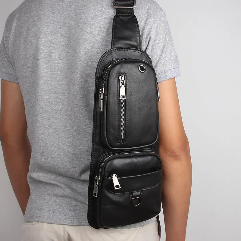 Мужская нагрудная сумка MAHEU черная из натуральной кожи с одним плечевым ремнем