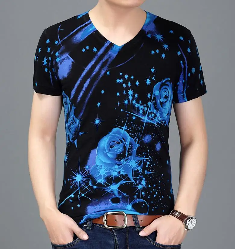 

Flower short sleeve t shirt men thin streetwear men t shirts V-neck printed summer mercerized cotton homme футболка мужская