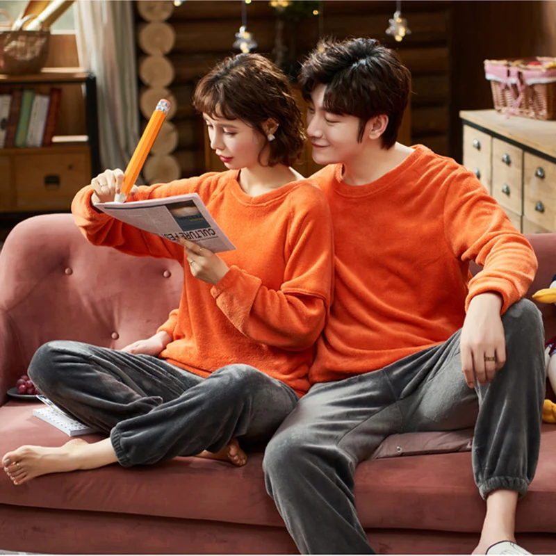 

Pajamas for Couples 2 Piece Set Winter Warm Flannel Sleepwear Men's Homewear Long Sleeve Plus Velvet Home Clothes Sets