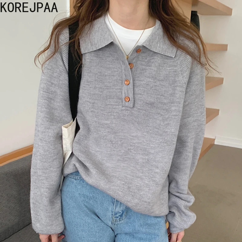 

Женский пуловер с отложным воротником Korejpaa, Простой Модный корейский однотонный Повседневный трикотажный свитер с длинным рукавом, новинк...
