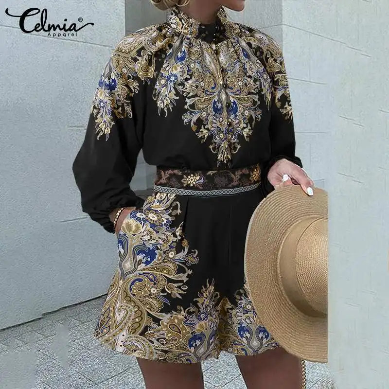 Костюм летний женский с длинным рукавом-фонариком модный топ принтом Celmia рубашка
