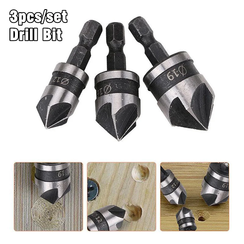 

3pcs/set High Carbon Steel Hex Shank Five Blade Countersink Boring Set for Wood Metal Quick Change Drill Bit Tools 12/16/19mm