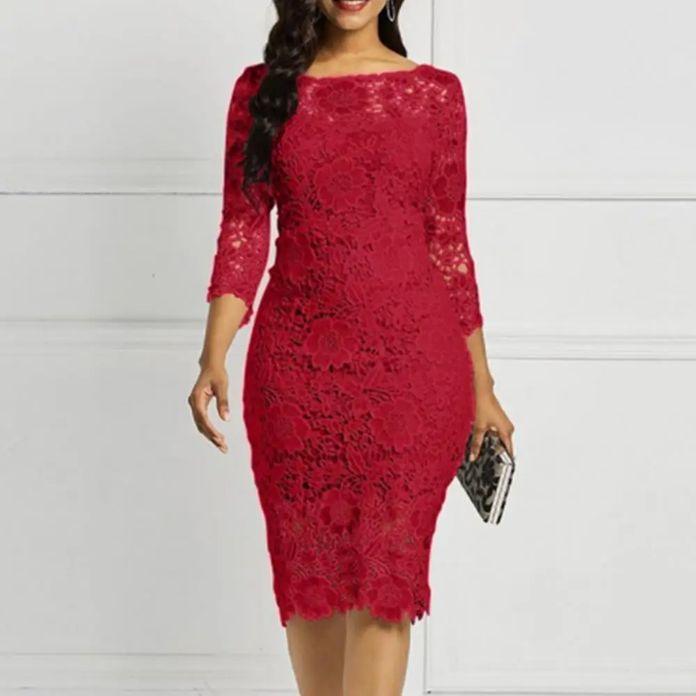 

Evening Party Date Women Blue See Through Hollow Out Floral Red Lace Bodycon Dress Women O Neck Bodycon cheongsam dresses