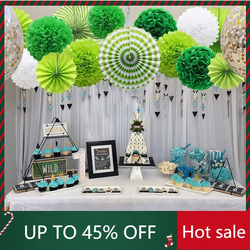 

14Pcs/set Green Paper Lanterns Tissue Pompoms Flower Honeycomb Ball Paper Fan Rosettes Hawaiian Party Favors DIY Decorations