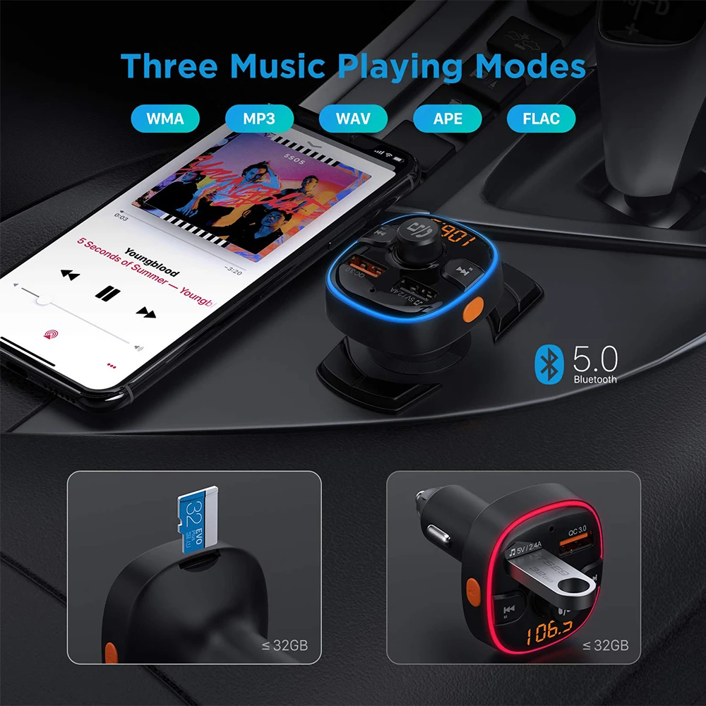 Bluetooth fm-передатчик 7 цветов окружающий светильник с режимом дыхания fm-модулятор QC3.0 автомобильное зарядное устройство передатчик Bluetooth Handsfree