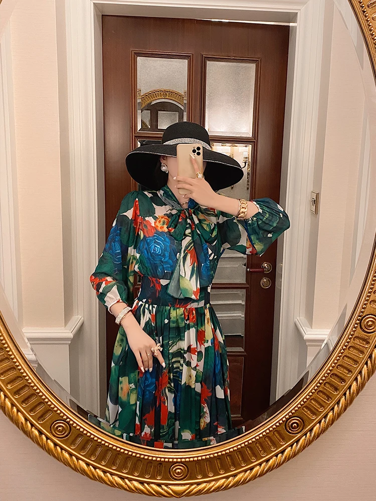 

Fashion Large Swing Floral Dress Female 2021 Spring New Vacation Travel Pleated Fairy Dress Slim Fresh Temperament Maxi Dress