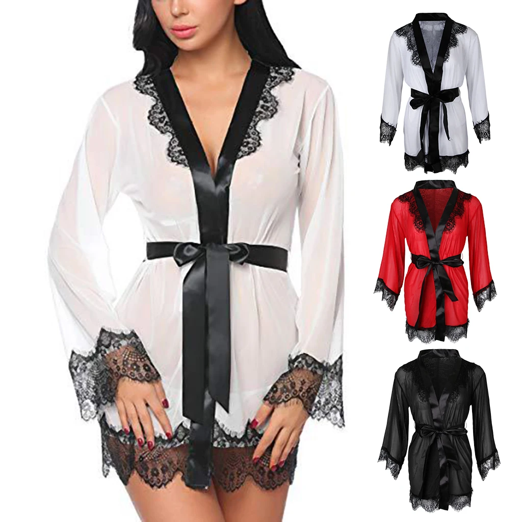 

Womens Lace Kimono Robe Babydoll Lingerie Mesh Nightgown G-String