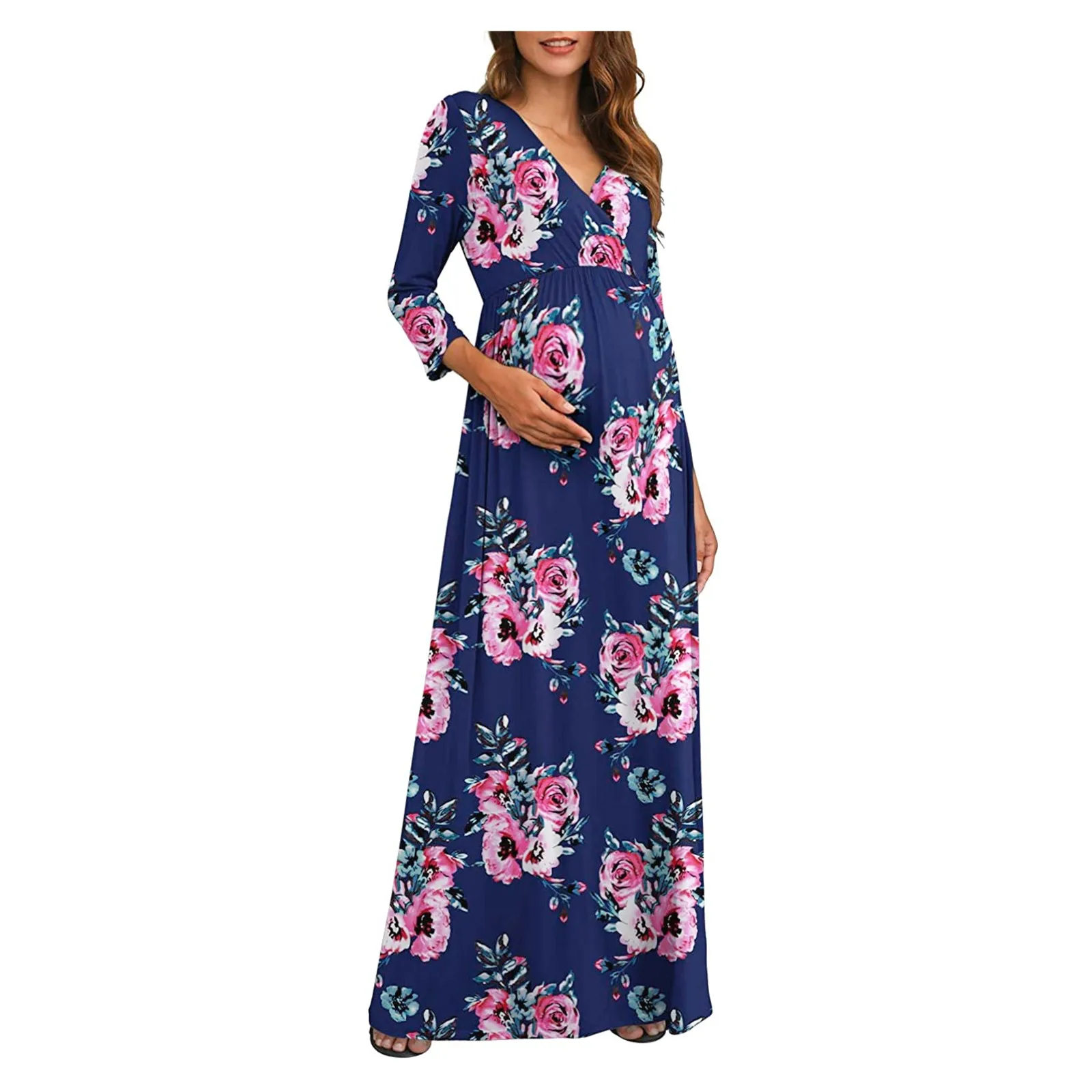 

Women Maternity Pregnancy Casual 3/4 Sleeve V-neck Maxi Wrap Long Dress Floral Print Long Dress For Pregnant