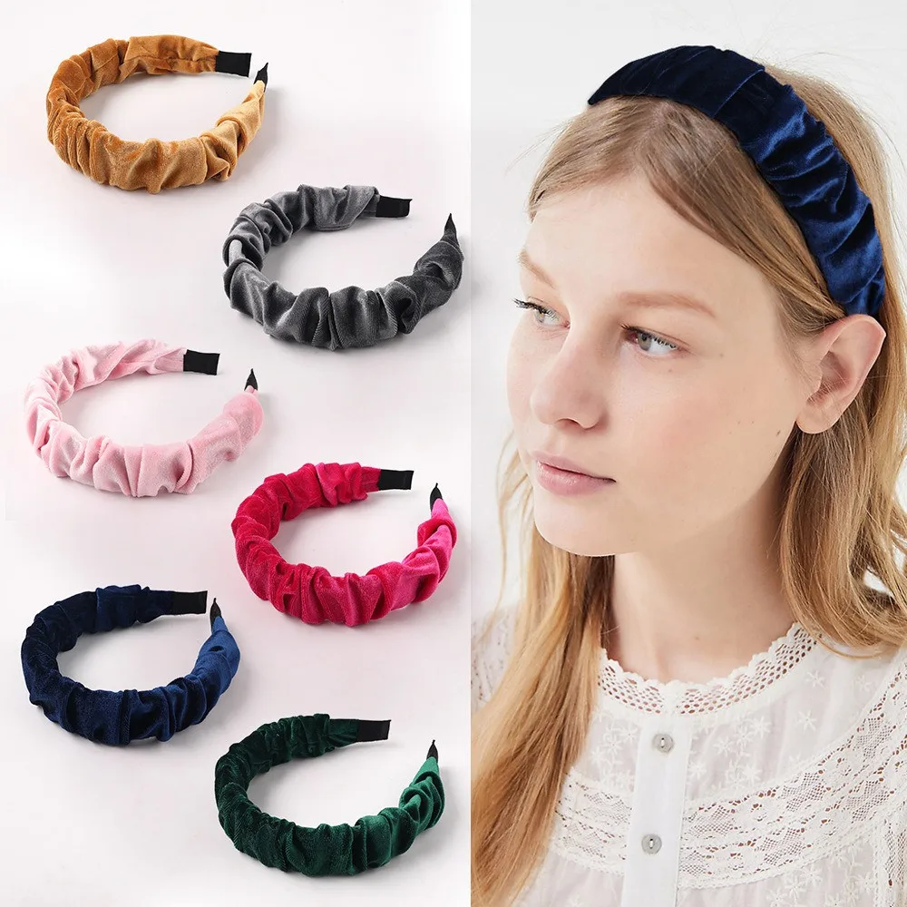 

Velvet Wide Headband Winter Women Girls Pleated Wave Cloth Hairband Candy Color Soft Elegant Hair Accessories
