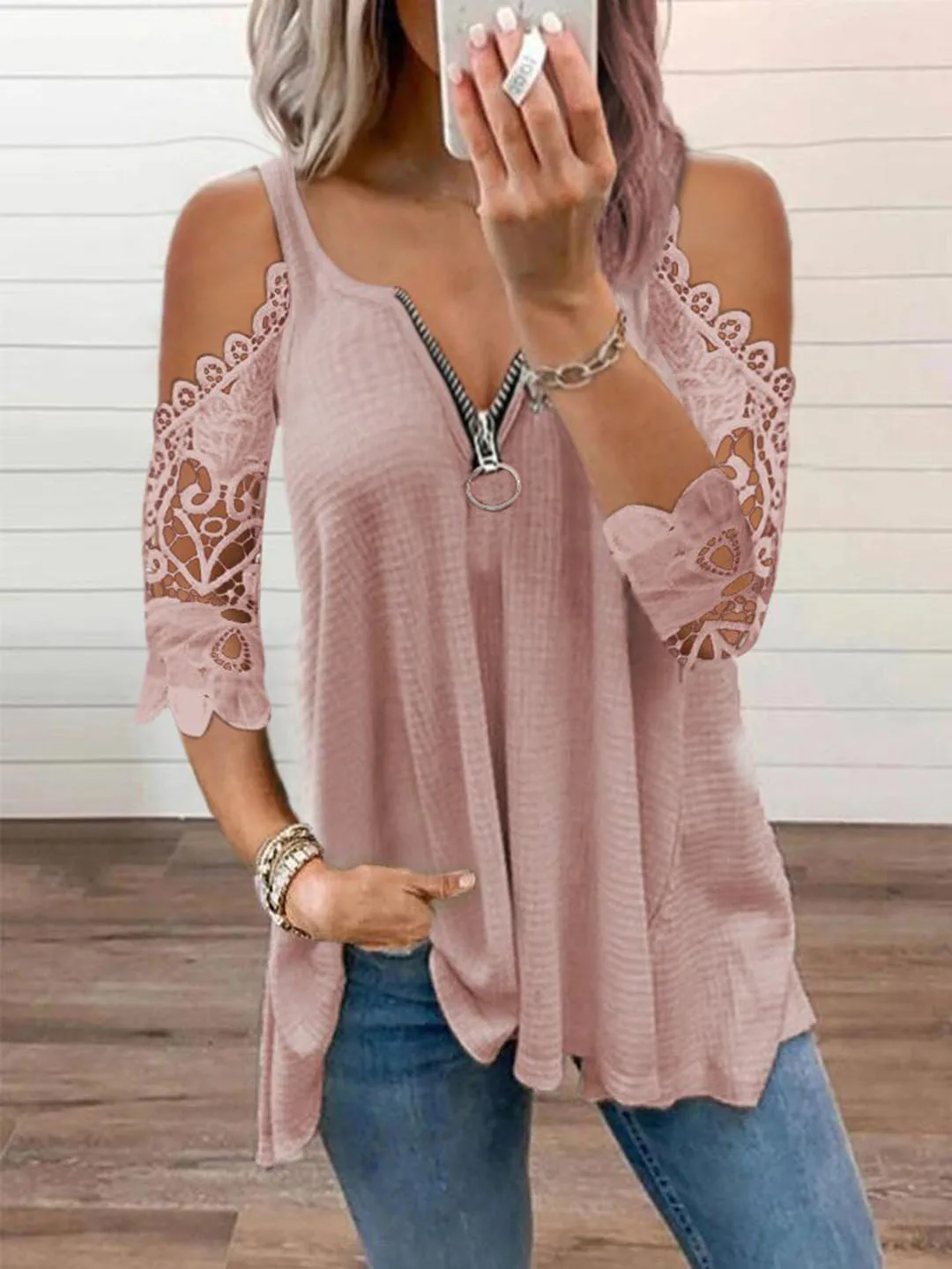 

Fall 2021 Women's T-shirt Solid Color Halter Hollow Lace Sleeves Zipper Knitted Vest Women's Top LOUAEE DS34