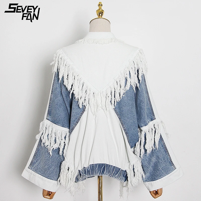 

Women Streetwear Denim Jacket White Blue Patchwork Tassel Oversized Hip Hop Jeans Jackets Fashion Female Cowboy Outwear Coat New