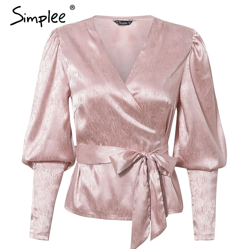 Simplee Sweet printed women blouse shirt Elegant v neck sash bow tie female tops Puff sleeve autumn winter ladies blouses 2019 | Женская