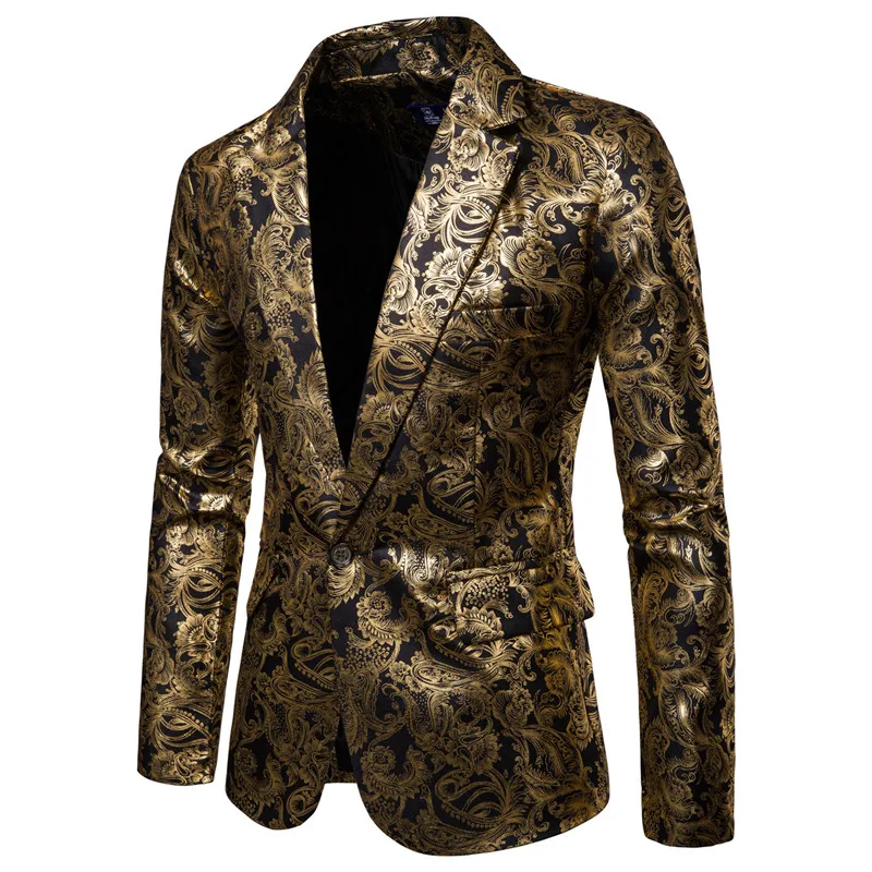 

2021 Men's Golden Floral Blazers Business Casual Suit Wedding Dress Gold