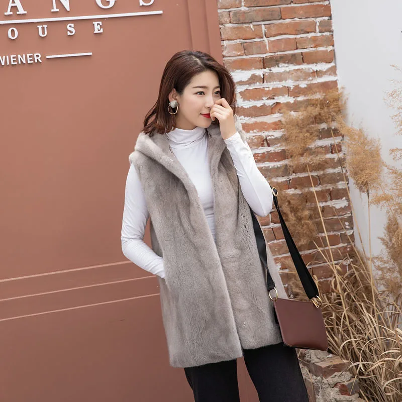 Silver blue color Натуральная норка меховой жилет пальто с капюшоном женская Норковая меховая верхняя одежда - Цвет: Silver blue color