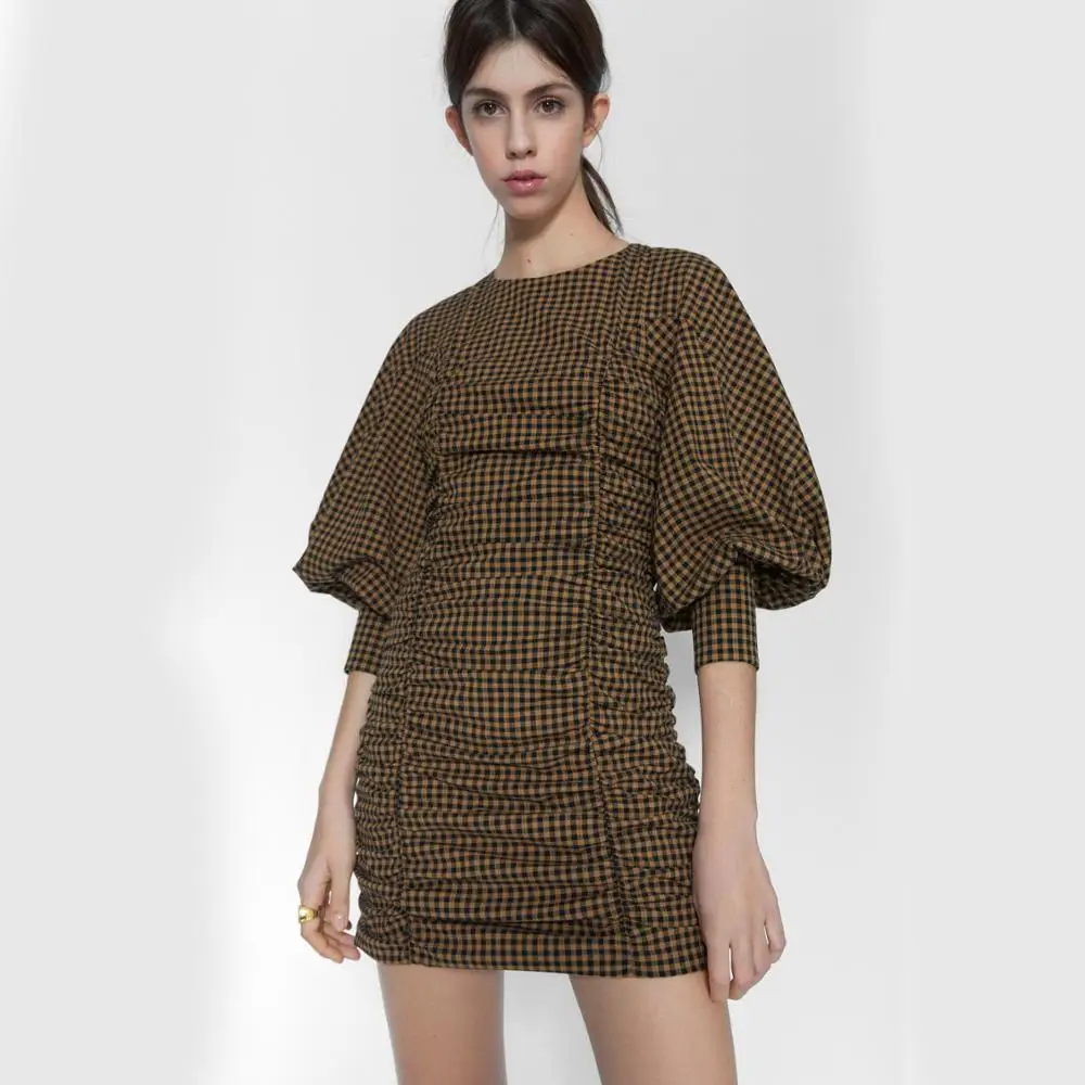 Женское мини платье с принтом ZA весеннее плиссированное длинным рукавом и