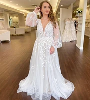 2021 wedding dress v neck long sleeve lace appliques bridal gowns court train robe de mariee princess elegant princess vintage