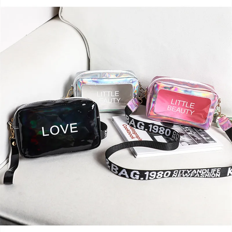 

New style PVC laser transparent shoulder bag, small square bag, mini cosmetic bag, candy color jelly messenger bag