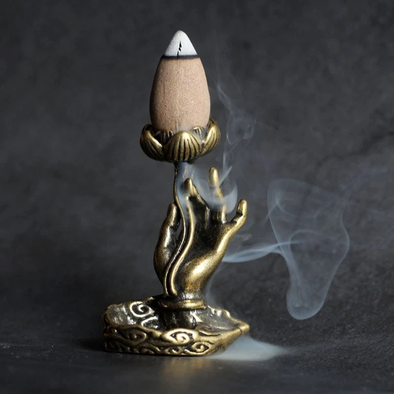 Copper Backflow Incense Burner Buddha Hand Lotus Incense Base Elegant Incense Holder for Home Yoga Aromatherapy Relaxation Gifts