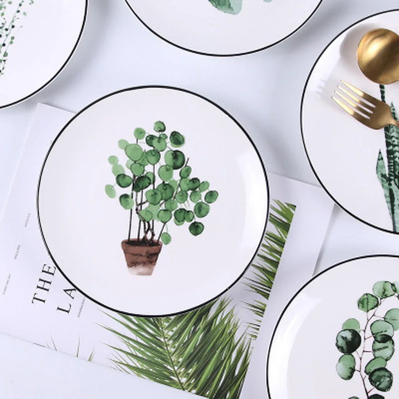 

Ceramic 8 Inch Plate Plant Large Round Green Black Line Hotel Porcelain Western Salad Dish Home Kitchen Supplies Tableware