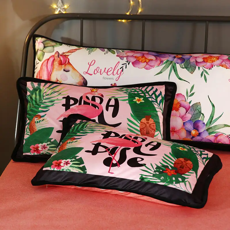 Flamingo Bedding Sets Waiting in the flowers Bed Set Cartoon Children Black edge bed linen Four piece set of single/double | Дом и сад