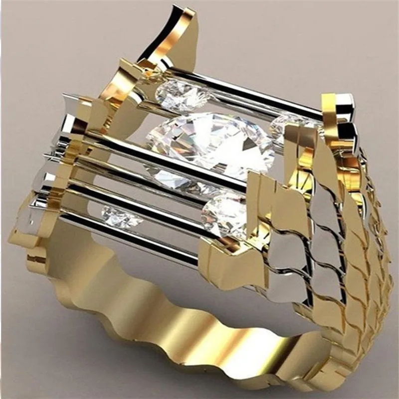 

Trendy Inlaid Crystal Geometric Irregular Mechanical Gear Finger Ring For Men Gold Color Party Wedding Engagement Jewelry