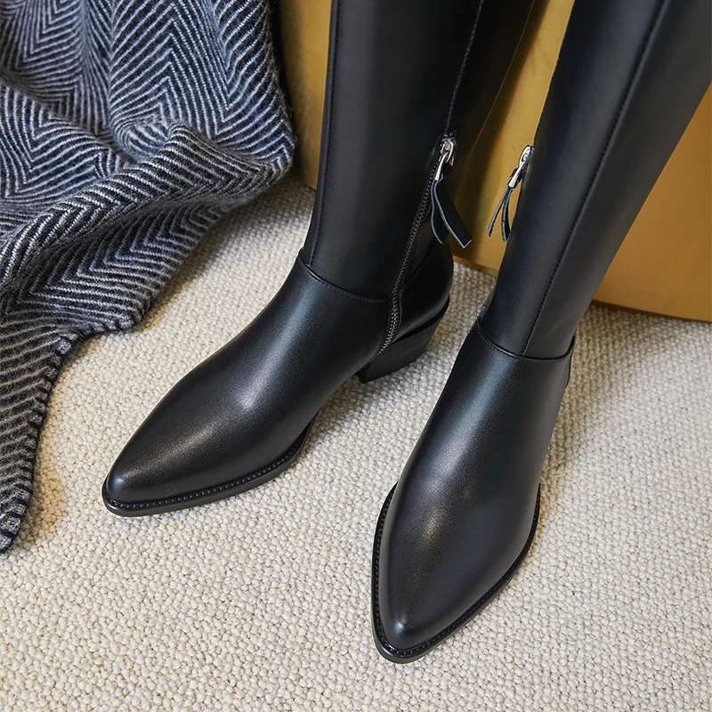 

Fashion Genuine Leather Thick high Heels Knee High Boots Shoes Woman Side Zipper poined Toe Autumn Winter Party Winter Boots