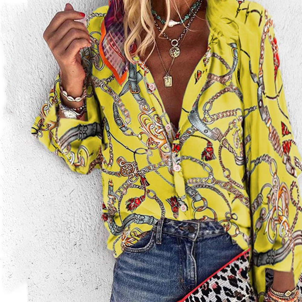 Осенний Женский Повседневный женский топ с принтом в виде цепи длинный рукав