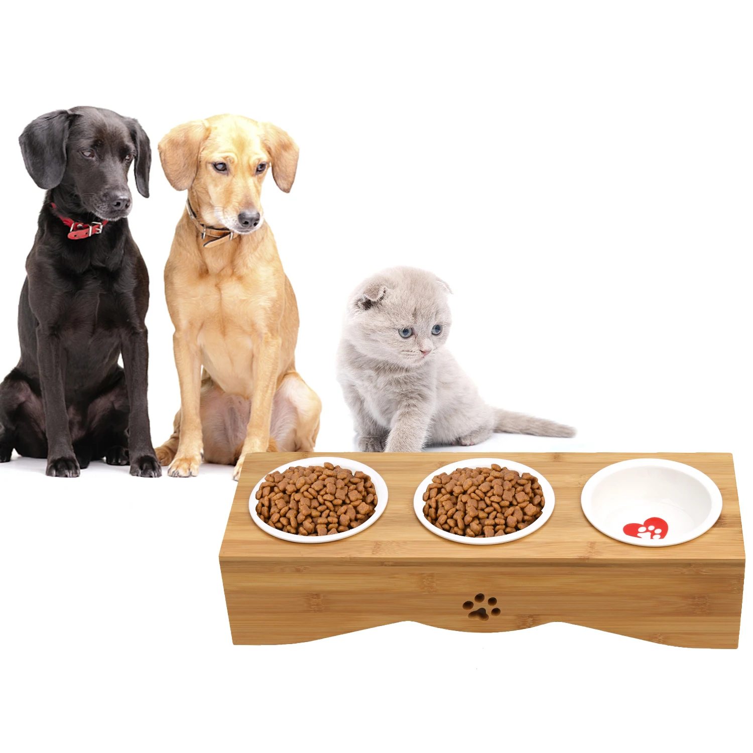 Керамические миски для кормления и питья кошек собак комбинация с бамбуковой