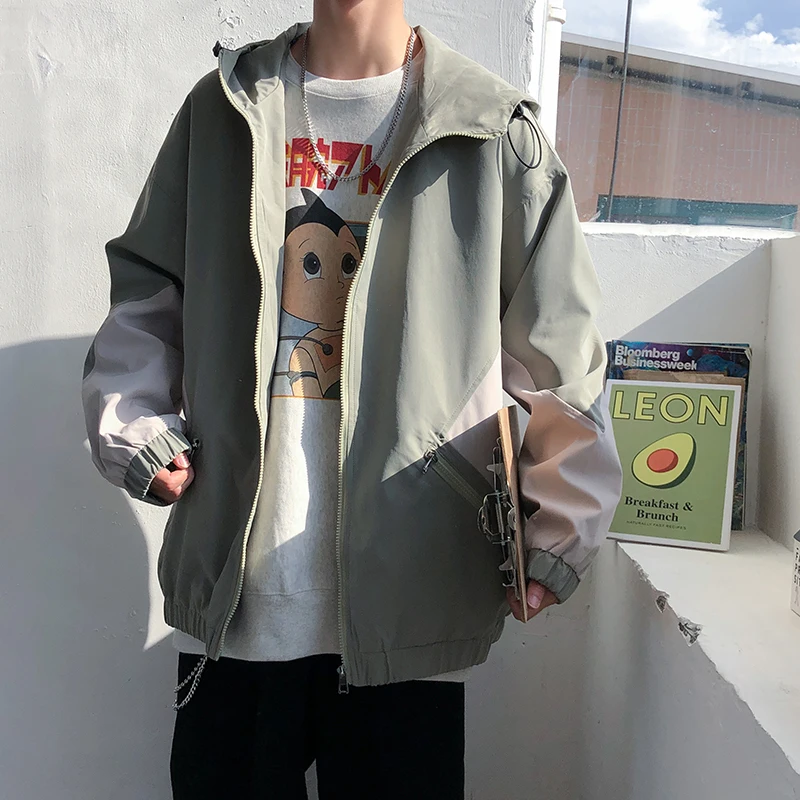 

Workwear Jacket 2020 Autumn Winter New Men's Stitching Contrast Color Hooded Thin Long-Sleeved Street Hip-Hop Loose Jacket Trend