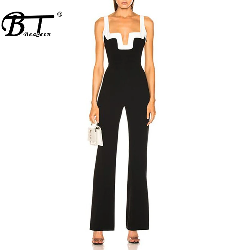 Женский Облегающий комбинезон Beateen черно белый на подтяжках с U образным вырезом