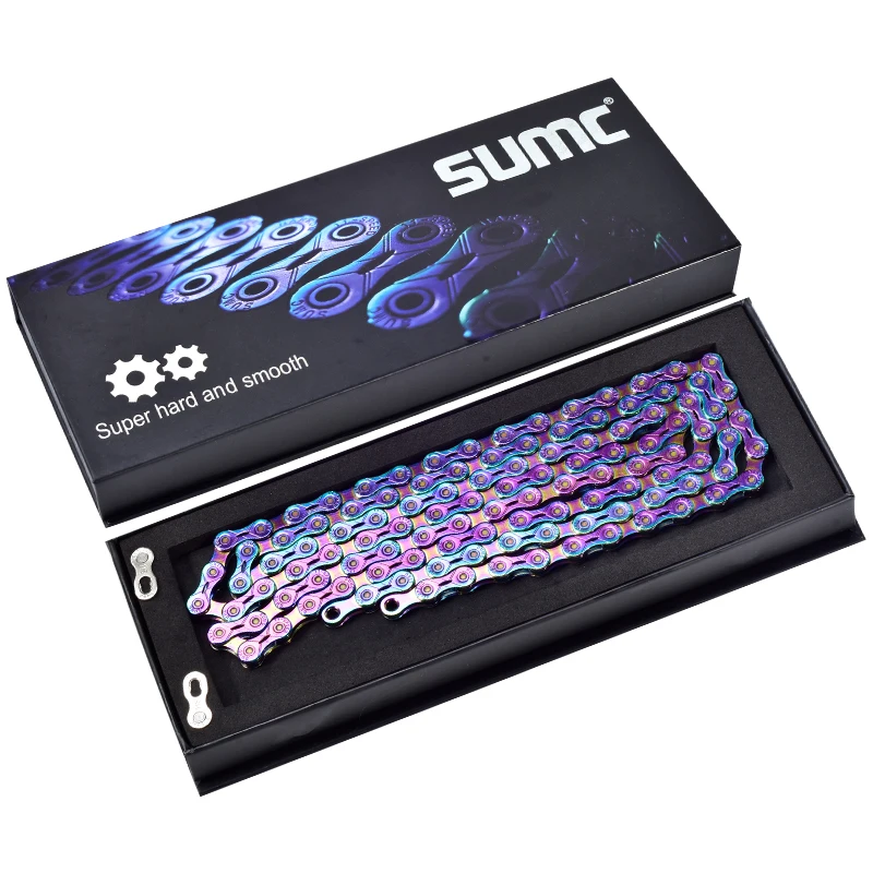 

Bike Chain Colorful Bicycle Chain 10/11/12 Speed Ultralight Semi-hollow Chain Rainbow Chain w/ Magic Buckle