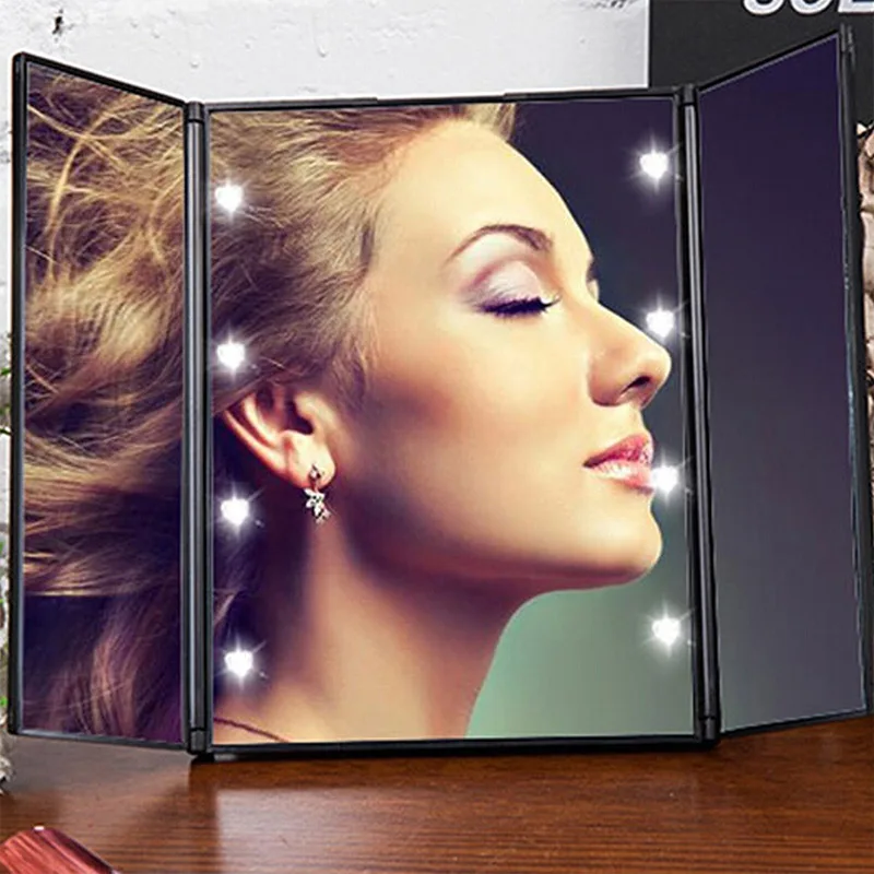 Hot Women Tri-Fold Makeup Mirror with LED Light Portable Travel Compact Pocket Mirrors Travel Fold Cosmetic Mirror MPwell