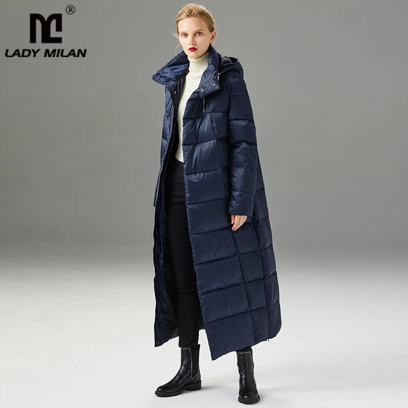 Женское зимнее подиумное пуховое пальто с капюшоном и воротником-стойкой