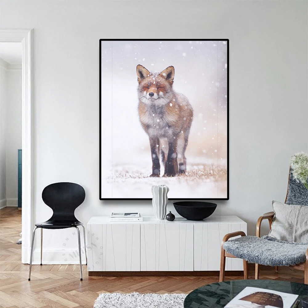 Laeacco Snow Fox Canvas Painting Calligraphy Posters and Prints Wall Art Picture for Bedroom Living Room Home Decoratioin |