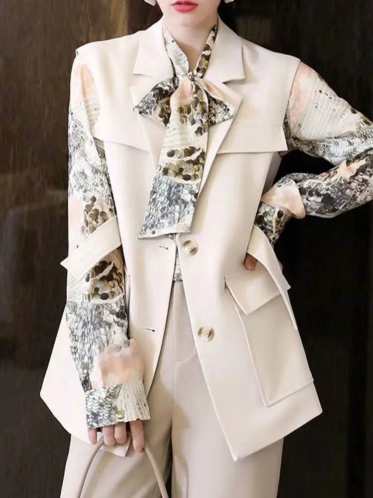 

2021 spring and autumn new women's four-color fashion all-match waist waist slim pocket design with belt suit vest vest jacket