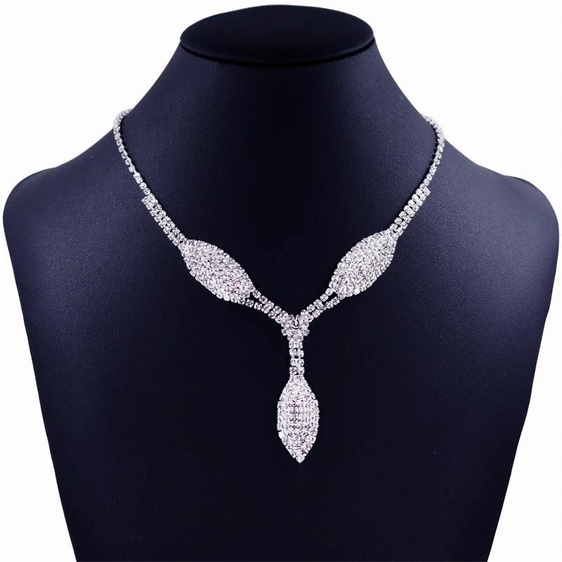 

Luxury Crystal Bridal Wedding Necklace Jewelry Silver Color Rhinestone Women Girls Leaf Shape Necklace Engagement Party Gift