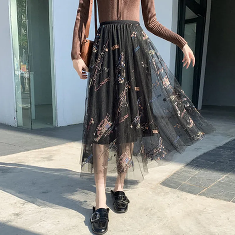 

Letter Embroidery Femme Jupe Loose Elastic Waist Midi Skirt Women Fashion Falda Casual A-line Mesh Jupe mujer Elegant Rock