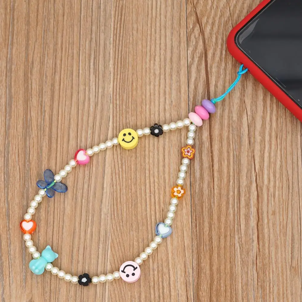 

NewSummer Beaded Phone Chains Wrist Strap Smiley Beads Lanyard Heart LOVE Letter Chain Female Bracelet Jewelry Cute Wristband