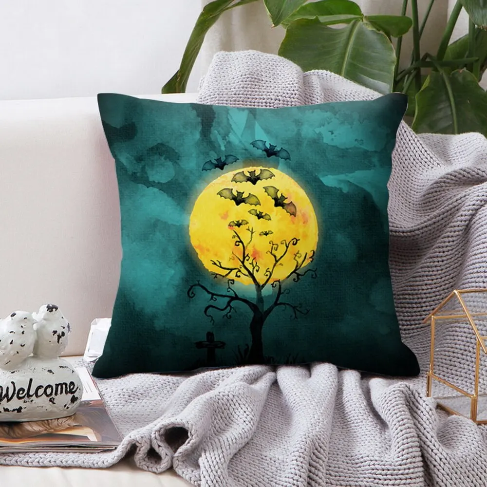 Cute Cat Magical Moon Night Cushion Cover Emerald Forest Witches Halloween Dance Pillow Case New Dreams | Дом и сад