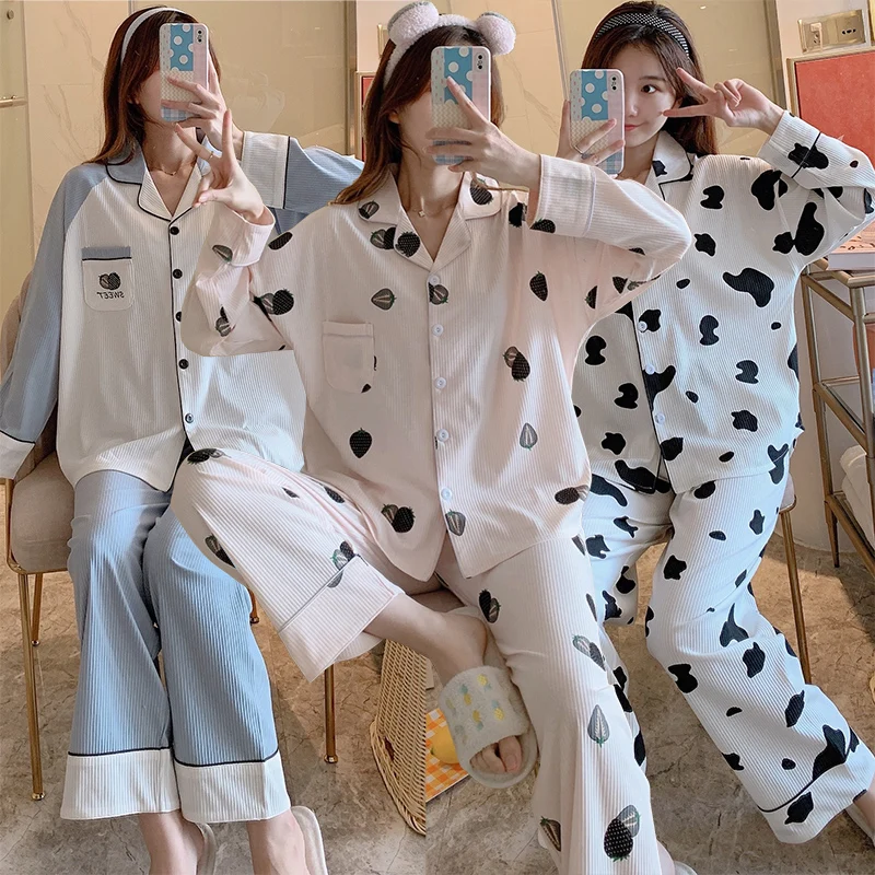 

2021 Autumn Cotton Print Long Sleeve Loose Pajama Sets for Women Korean Sleepwear Suit Pyjama Homewear Pijama Mujer Home Clothes