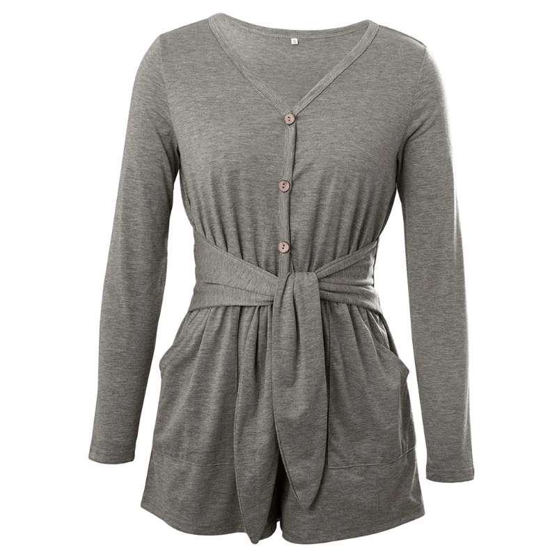 

Women Long Sleeve Sexy V-Neck Buttons Jumpsuit Tie Knot Waist Wide Leg Playsuit