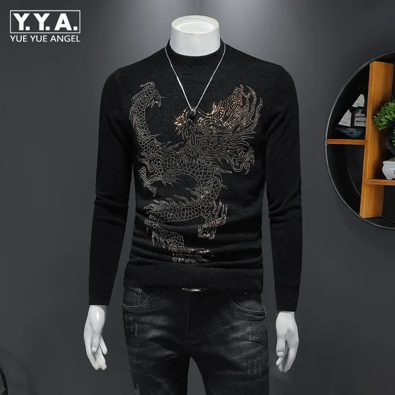 

New Mens Short Slim Korean Style Fashion Diamonds Warm O-Neck Sweaters Black 3D Print Spliced Casual Vintage Pullovers Sweaters