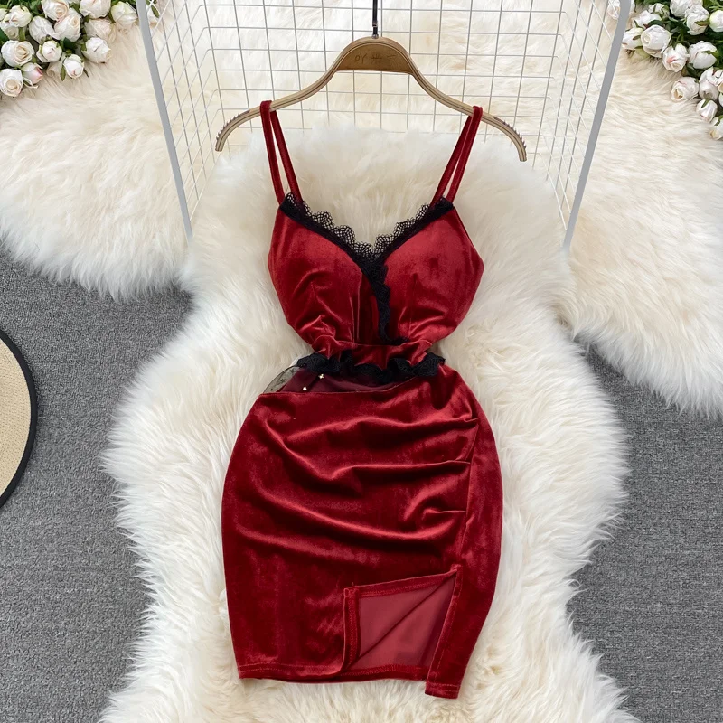 

Sexy Lace Spliced V-neck Spaghetti Strap Velvet Dress Women Fashion Sleeveless Transparent Mesh Hollow Out Mini Party Vestidos
