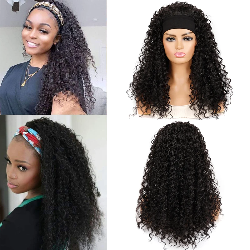 

Headband Wig for Black Women, 24in Curly Wavy Long Black Headband Wig, 180% Density Full Ends Black Wig