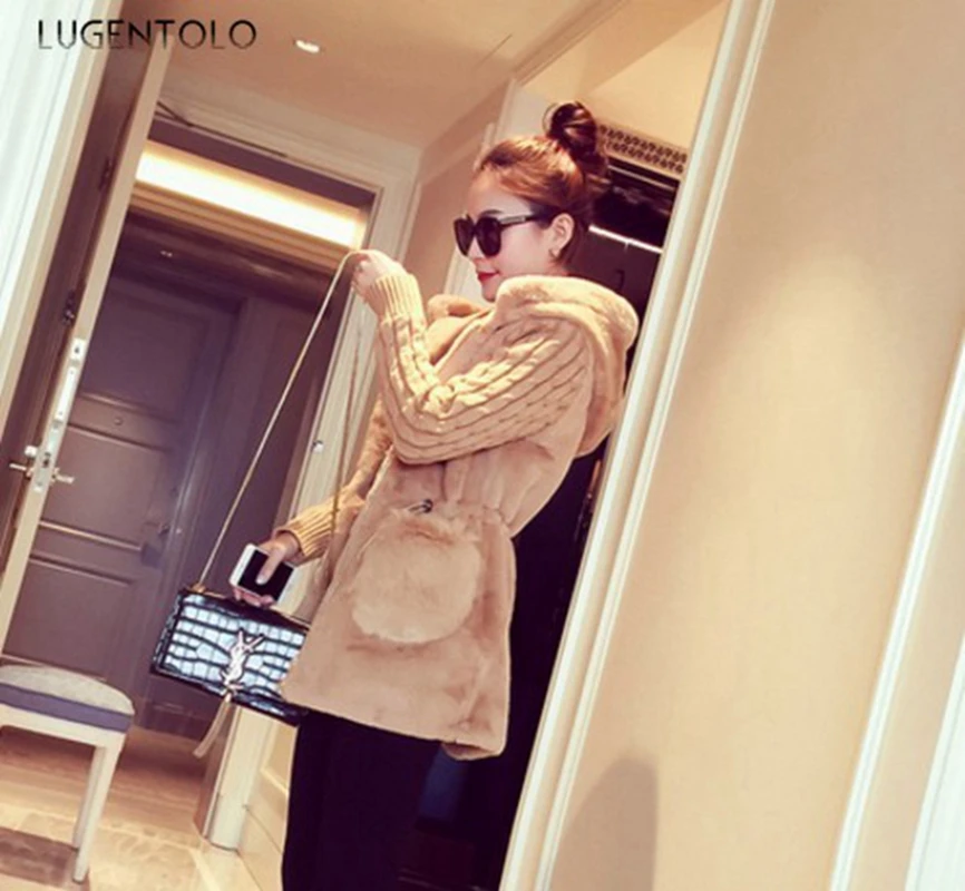 

Fur Jacket Knitted Stitching Plush Autumn Winter New Fashion Casual Hood Open Stitch Thick Warm Fur Lugentolo