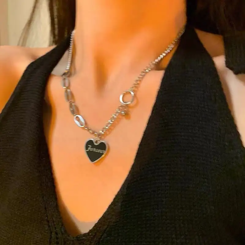 

POPACC Black Heart Pendant Necklace Women's Fashion Titanium Steel Hip Hop Sweater Clavicle Chain Trendy Accessories